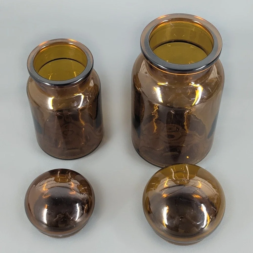 Vintage Amber Glass Apothecary Jar Set Bubble Top Stopper Mid Century Modern